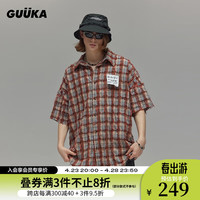 古由卡(GUUKA)LAB沙丘废土风格子短袖衬衫男夏潮 美式复古毛边亲肤上衣宽松 橘色 S
