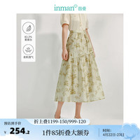 茵曼（INMAN）新中式莱赛尔半身裙2024夏季女装不对称分割国风印花长裙 灰豆绿 L