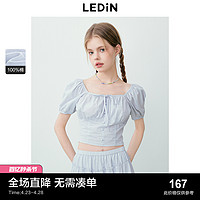 LEDIN 乐町 韩系少女打缆修身全棉泡泡袖雪纺衫2024夏季新款方领减龄上衣