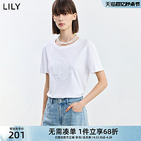 LILY 2024夏新款女装舒适柔软休闲通勤款精致绣花百搭基础款白T恤