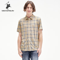 斯密特保罗(SMITHPOLOV)【舒适面料】日常经典百搭翻领格纹短袖衬衫休闲舒适男士衬衫 浅卡其格 46