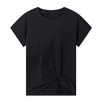 洛可可（ROCOCO）/纯色T恤女2024夏季下摆扭结宽松圆领白色上衣女 黑色 M