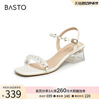 BASTO 百思图 夏季商场新款仙女风珍珠一字带透明粗跟女凉鞋TNE31BL3