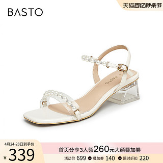 BASTO 百思图 夏季商场新款仙女风珍珠一字带透明粗跟女凉鞋TNE31BL3