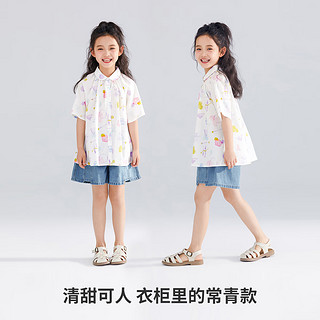 可可鸭（QQ DUCK）童装女童衬衫夏季儿童可爱翻领短袖青少年衣服涂鸦白色；130