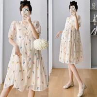 苒琦妈咪装夏季刺绣高腰显瘦夏天V领泡泡袖碎花小个子孕妈连衣裙 图片色 L