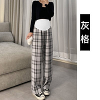 苒琦妈咪裤子夏季薄款外穿格子阔腿裤宽松休闲显瘦直筒裤夏装百搭长裤 灰格 XXL