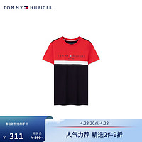 TOMMY HILFIGER 24春夏童装男纯棉经典字母休闲撞色短袖T恤TH2212056 红藏青拼色002 4/110cm