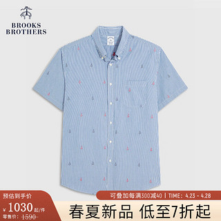 Brooks Brothers BrooksBrothers）男士24早春棉帆船图案短袖休闲衬衫 4002-蓝色 XS