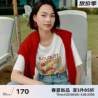 伊芙丽（eifini）伊芙丽春日手绘花朵插画印花设计字母T恤女2024春夏短袖上衣 本白色发 XS 80-100斤