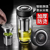 WINTERPALACE 玻璃杯双层便携男士商务办公室泡茶杯茶水分离杯茶叶水杯子口杯 智能显温-皮纹黑 480ML