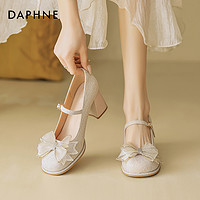 DAPHNE 达芙妮 法式玛丽珍鞋女夏季蝴蝶结粗跟浅口单鞋绝美新娘婚鞋高跟鞋