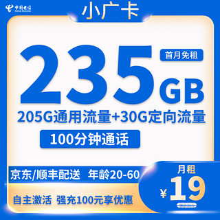 中国电信 小广卡 半年19元月租 （235G国内流量+100分钟通话+首月免租）返30元