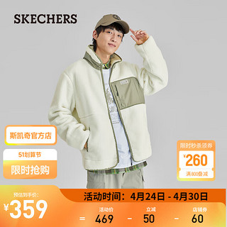 SKECHERS 斯凯奇 运动外套男针织羊羔绒拉链撞色拼接黑色上衣 P423M081 棉花糖白/0074 XL