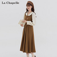 La Chapelle 长袖连衣裙女秋装2023年新款法式复古假两件显瘦百褶长裙