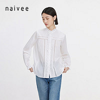 纳薇（naivee）naivee纳薇24夏法式复古风巴厘纱蕾丝荷叶边拼接廓形长袖衬衫 白色  预计4月3日前 155/80A/S