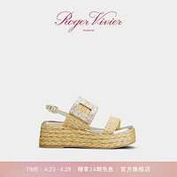 ROGERVIVIER【甄选】/2024春夏RV女鞋钻扣拉菲草坡跟凉鞋 米黄色 37