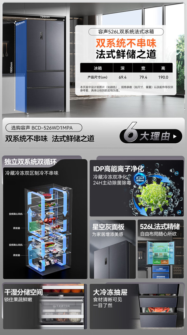 08元】容声冰箱_ronshen 容声 双净系列 bcd-526wd1mpa 风冷多门冰箱