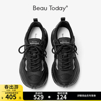 BEAUTODAY厚底运动鞋女鞋复古休闲老爹鞋女2024春夏季小个子增高鞋子女 经典黑 35