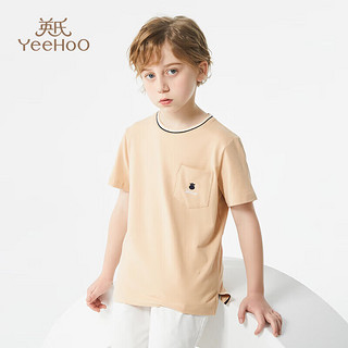 YeeHoO 英氏 儿童T恤男童短袖薄款打底衫中大童装百搭上衣洋气夏装 驼色 150
