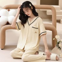 香蜜闺秀【棉感优雅风】夏气质V领系扣开衫女士家居服内衣女士睡衣女 杏色 M
