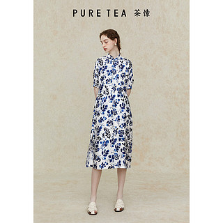 茶·愫【落海青花】puretea茶愫新中式旗袍领提花连衣裙女2024夏季 湖蓝 M