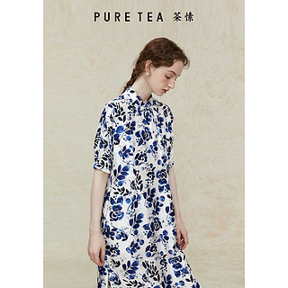 茶·愫【落海青花】puretea茶愫新中式旗袍领提花连衣裙女2024夏季 湖蓝 M