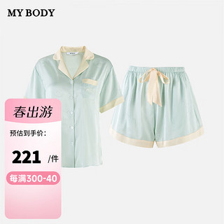 mybody睡衣女春夏短袖翻领冰丝凉感可爱印花家居服套装 奶绿猫咪 S