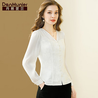 丹慕妮尔法式提花高级感白色衬衫女2024春季气质v领长袖上衣 米白色 S