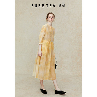 茶·愫【水色渐染】puretea茶愫量感七分袖连衣裙女扎染2024春夏 琥珀黄 L