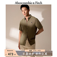 ABERCROMBIE & FITCH男装 24春夏休闲百搭小麋鹿亚麻衬衫 356265-2 深绿色 M (180/100A)