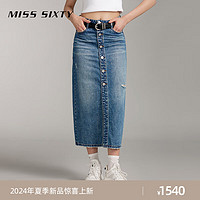 MISS SIXTY2024夏季牛仔长裙女复古磨破单排扣显瘦百搭休闲风 中蓝 XS