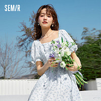 Semir 森马 连衣裙女文艺复古方领季清新温柔肌理碎花长裙109323114003 蓝色调00388 XL