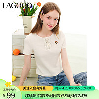 lagogo拉谷谷休闲华夫格短款T恤女2024夏系带设计感修身短袖 米白色(V2) S