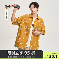 三福2024夏季男士满版图案短衬衫 趣味美式翻领宽松上衣484429 橙色 L