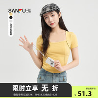 三福短T恤2024夏季后背镂空扭结圆领短款辣妹上衣女装484536 粉黄色 160/84A/S