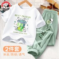 史努比儿童夏装套装男童炸街夏季两件套洋气时髦童装夏装衣服 奶茶努比白+冰柠努比灰绿裤 120
