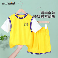 MQDMINI童装儿童套装男童运动短袖短裤夏宝宝衣服 蓝色字母亮绿树-黄色 130