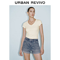 URBAN REVIVO 夏季女V领修身短款T恤 UWG440067 米白 S