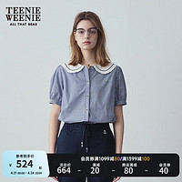 Teenie Weenie小熊2024年夏季娃娃领格纹衬衫泡泡袖短袖衬衣女 蓝色 165/M