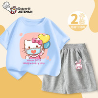 奥特曼衣服儿童夏季短袖套装纯棉男女童时尚运动短裤女童半袖t恤 蓝(气球猫)+灰(兔头女孩) 120码身高110-120cm