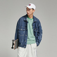 TOMMY HILFIGER Tommy Jeans 男女纯棉字母印花复古水洗翻领宽松牛仔外套15614