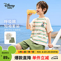 迪士尼童装男女童针织撞色短袖套装2024夏装儿童户外运动两件套 橘绿条纹 120