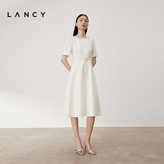 朗姿/LANCY2024夏季珍珠圆领醋酸a字连衣裙气质收腰裙子女 白色 S