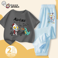 奥特曼衣服儿童套装男童2024夏季短袖套装中大童运动衣服女孩 灰奥特曼打怪兽+蓝方框奥特曼 100码身高90-100cm
