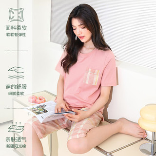 秋鹿睡衣女夏薄款针织纯棉印花短袖七分裤柔软透气舒适家居服套装 蓝绿色108 L