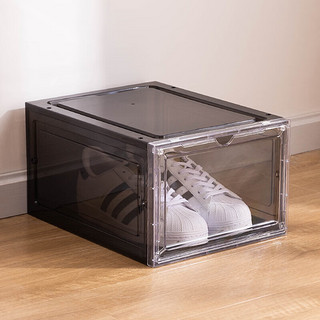 缘承嘉新款折叠鞋盒磁吸翻盖抽屉式多功能收纳盒塑料透明防尘展示鞋架 正开折叠鞋盒 黑色 34.4*27*19cm