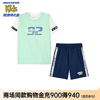 Skechers斯凯奇男童短袖短裤套装夏季户外运动儿童舒适休闲三件套P224B008 海湾绿/02YC 150cm