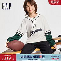 Gap男童2024春季纯棉亨利领logo撞色短袖T恤儿童装上衣890544 奶白色 130cm(S)亚洲尺码