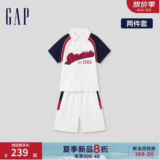 Gap男童2024夏季logo撞色polo领短袖T恤短裤套装儿童装466033 白色 150cm(L)亚洲尺码